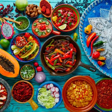 mexican food mix colorful background mexico and sombrero
