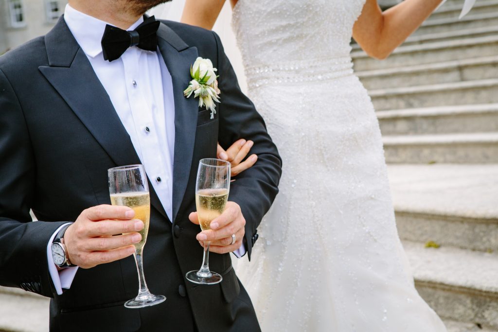 new couple, wedding, champagne glass