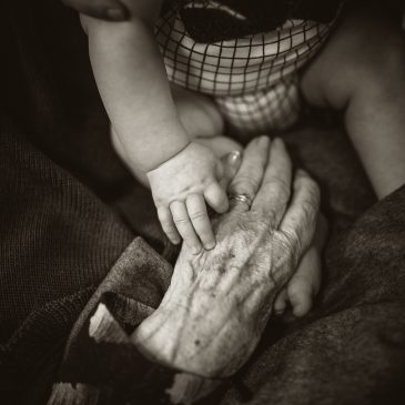 baby holding older person's hands